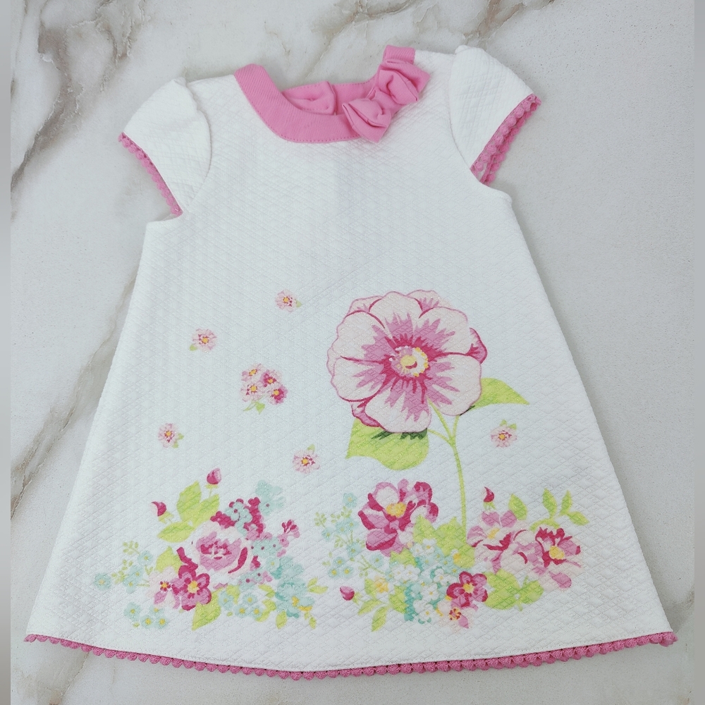 Little Me Toddler Girls' White Pink Floral Short Sleeve Dress, Sz 24m